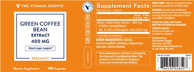 Photo of the The Vitamin Shoppe Green Coffee Bean Extract 400 mg label