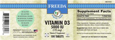 Photo of the Freeda Vitamin D3 5000 IU (125 mcg) label
