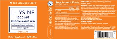 Photo of the The Vitamin Shoppe L-Lysine 1000 mg label