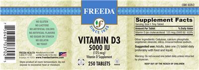 Photo of the Freeda Vitamin D3 5000 IU (125 mcg) label