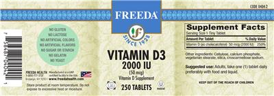Photo of the Freeda Vitamin D3 2000 IU (50 mcg) label