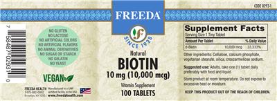 Photo of the Freeda Natural Biotin 10 mg (10,000 mcg) label