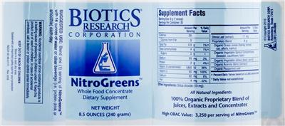 Photo of the Biotics Research Corporation NitroGreens Whole Food Concentrate label
