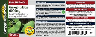 Photo of the Simply Supplements Ginkgo Biloba 6000 mg label