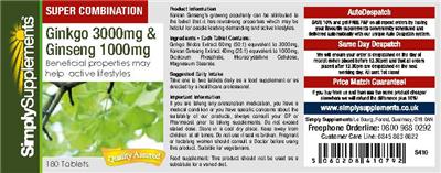 Photo of the Simply Supplements Ginkgo 3000 mg & Ginseng 1000 mg label
