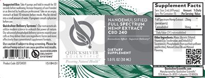 Photo of the Quicksilver Scientific Nanoemulsified Full Spectrum Hemp Extract CBD 240 label