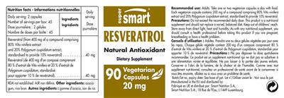 Photo of the SuperSmart Resveratrol 20 mg label