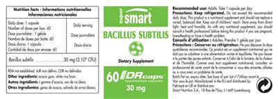 Photo of the SuperSmart Bacillus Subtilis 30 mg label