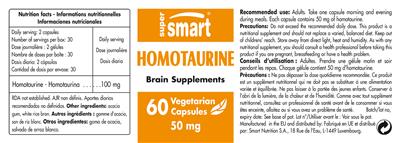 Photo of the SuperSmart Homotaurine 50 mg label