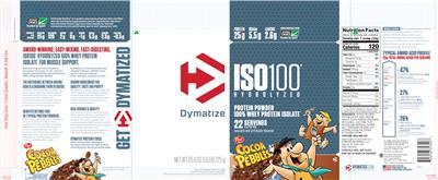 Photo of the Dymatize ISO100 Hydrolyzed Cocoa Pebbles label