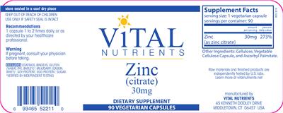 Photo of the Vital Nutrients Zinc (Citrate) 30 mg label