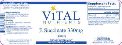 Photo of the Vital Nutrients E Succinate 330 mg (400 IU) label