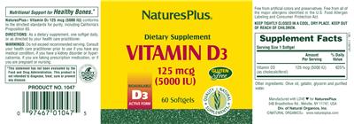 Photo of the Natures Plus Vitamin D3 125 mcg (5000 IU) label