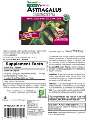 Photo of the Natures Plus Herbal Actives Astragalus 450 mg label