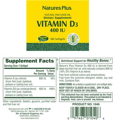 Photo of the Natures Plus Vitamin D3 400 IU label