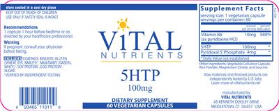 Photo of the Vital Nutrients 5HTP 100 mg label