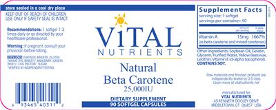Photo of the Vital Nutrients Natural Beta Carotene 25,000 IU label