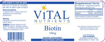 Photo of the Vital Nutrients Biotin 10 mg label