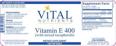 Photo of the Vital Nutrients Vitamin E 400 label