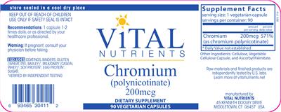 Photo of the Vital Nutrients Chromium (Polynicotinate) 200 mcg label