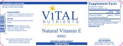 Photo of the Vital Nutrients Natural Vitamin E 400 IU label
