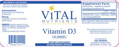 Photo of the Vital Nutrients Vitamin D3 10,000 IU label