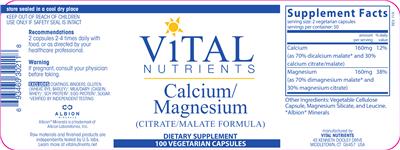 Photo of the Vital Nutrients Calcium/Magnesium (Citrate/Malate Formula) label