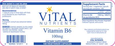 Photo of the Vital Nutrients Vitamin B6 100 mg label