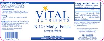 Photo of the Vital Nutrients B-12 / Methyl Folate 1000 mcg/800 mcg label