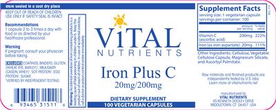 Photo of the Vital Nutrients Iron Plus C label