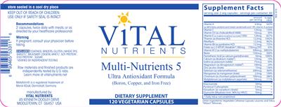 Photo of the Vital Nutrients Multi-Nutrients 5 (Boron, Copper, and Iron Free) label