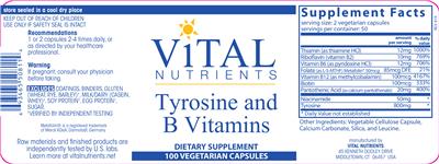 Photo of the Vital Nutrients Tyrosine and B Vitamins label