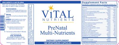 Photo of the Vital Nutrients PreNatal Multi-Nutrients label