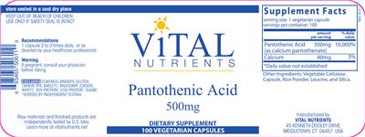 Photo of the Vital Nutrients Pantothenic Acid 500 mg label