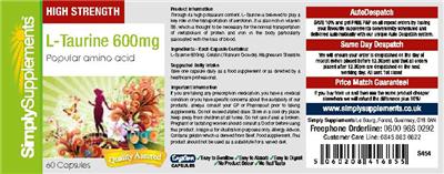 Photo of the SimplySupplements L-Taurine 600 mg label