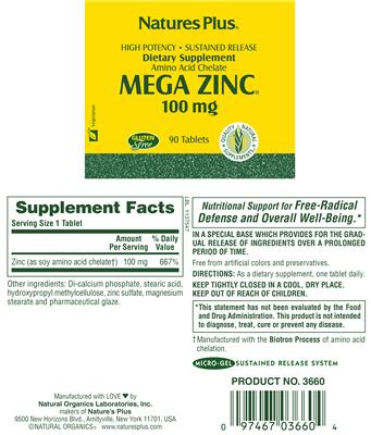 Photo of the Natures Plus Mega Zinc 100 mg label