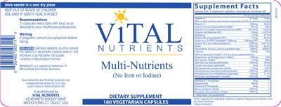 Photo of the Vital Nutrients Multi-Nutrients (no Iron or Iodine) label