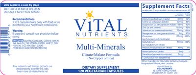 Photo of the Vital Nutrients Multi-Minerals (no Copper or Iron) label