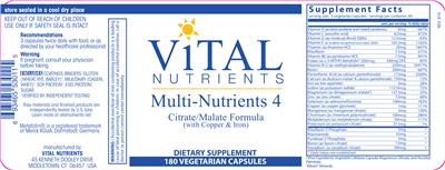 Photo of the Vital Nutrients Multi-Nutrients 4 (with Copper & Iron) label