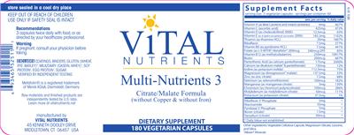 Photo of the Vital Nutrients Multi-Nutrients 3 (without Copper & without Iron) label