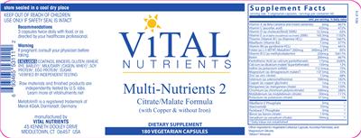Photo of the Vital Nutrients Multi-Nutrients 2 (with Copper & without Iron) label