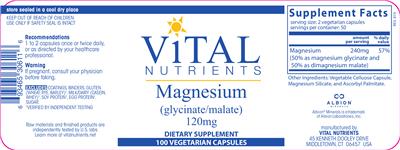 Photo of the Vital Nutrients Magnesium (Glycinate/Malate) 120 mg label