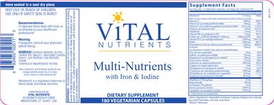 Photo of the Vital Nutrients Multi-Nutrients with Iron & Iodine label