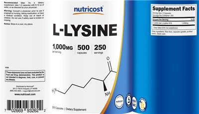 Photo of the Nutricost L-Lysine 1000 mg label