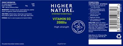 Photo of the Higher Nature Vitamin D3 2000 IU label