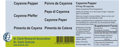 Photo of the Dr. Clark Research Association Dr. Clark Zentrum Cayenne Pepper 475 mg label