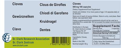 Photo of the Dr. Clark Research Association Dr. Clark Zentrum Cloves 500 mg label