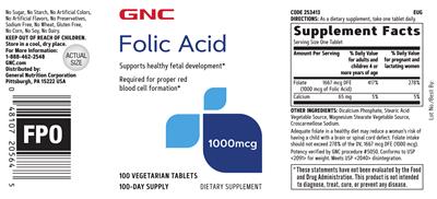 Product label for Folic Acid 1000 mcg