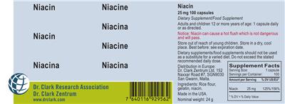 Photo of the Dr. Clark Research Association Dr. Clark Zentrum Niacin 25 mg label