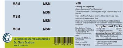 Photo of the Dr. Clark Research Association Dr. Clark Zentrum MSM 650 mg label